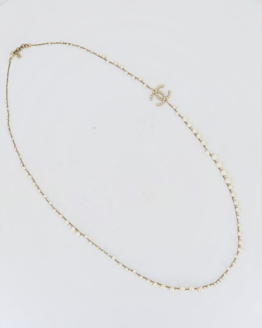 Chanel Gold With Pearls Long Necklace With CC Pearls Logo Details