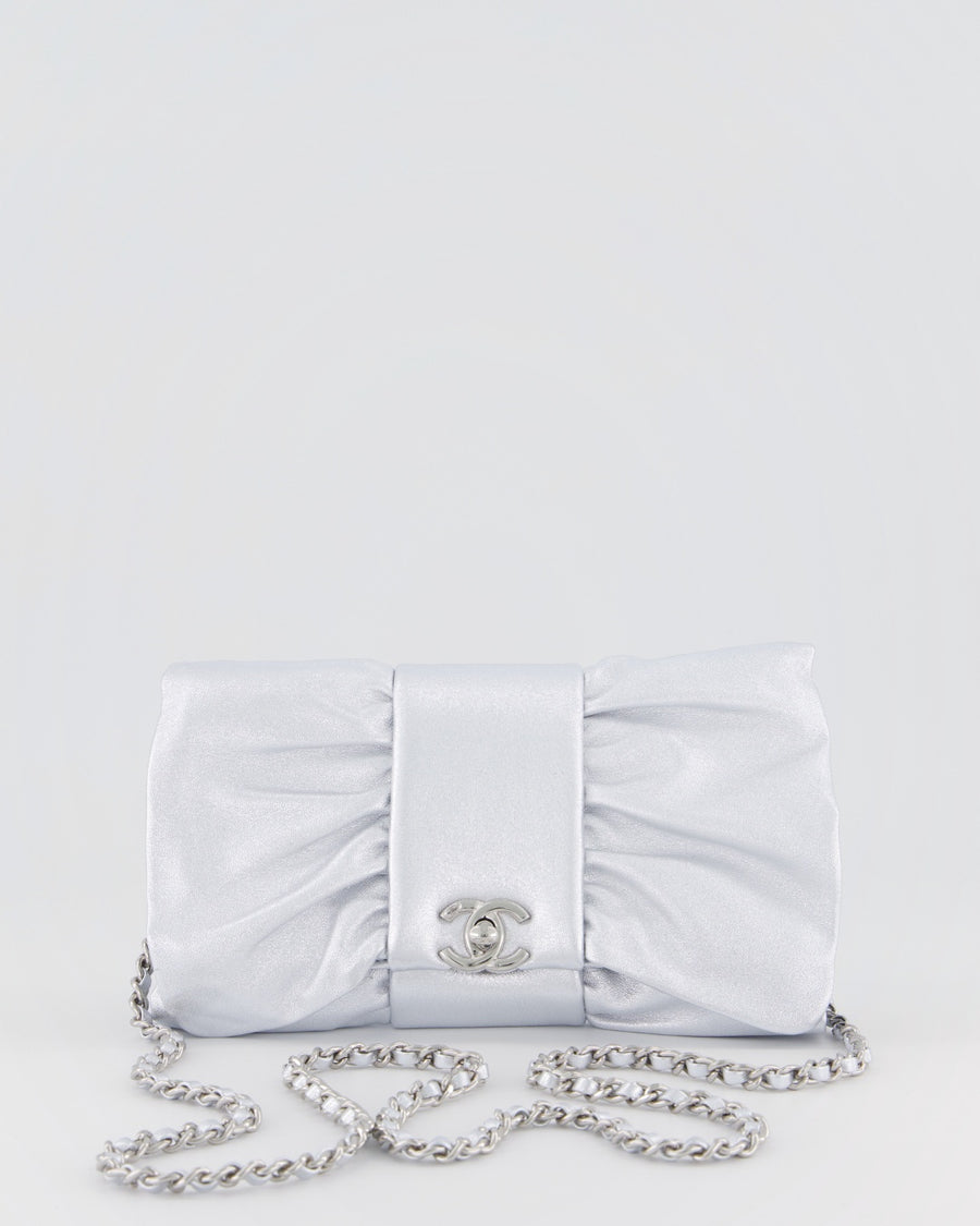 Chanel 25/P Metallic Silver Tie My Bow Clutch in Lambskin Leather with Silver Hardware