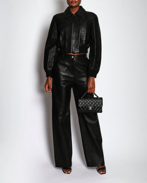 Fendi Black Cropped Logo Print Bomber Leather Jacket with Collar Detail Size IT 44 (UK 12) RRP £4,500