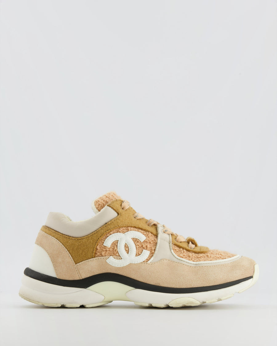 Chanel Beige Suede and Tweed CC Logo Trainers with White Logo Detail Size EU 38