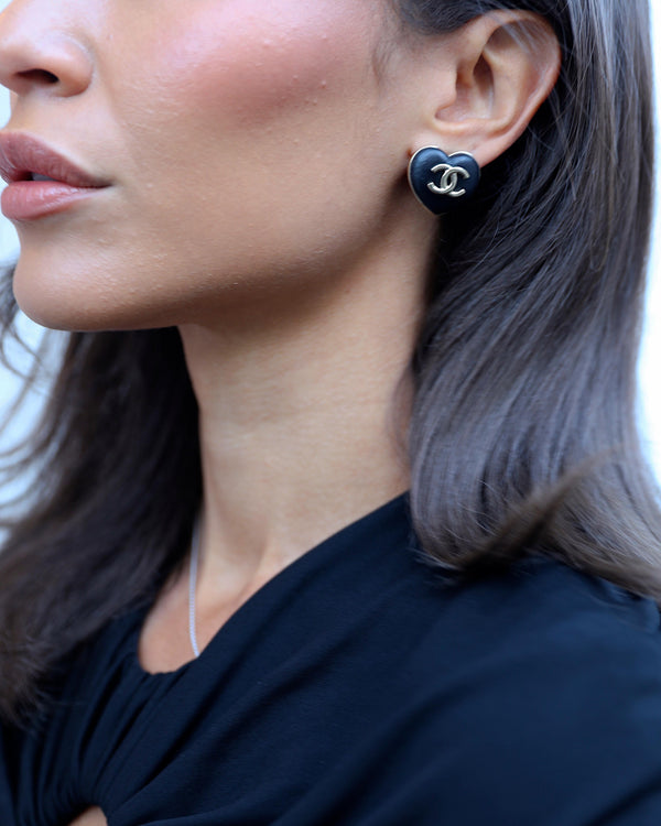 Chanel Black Leather Heart and Gold CC Earrings