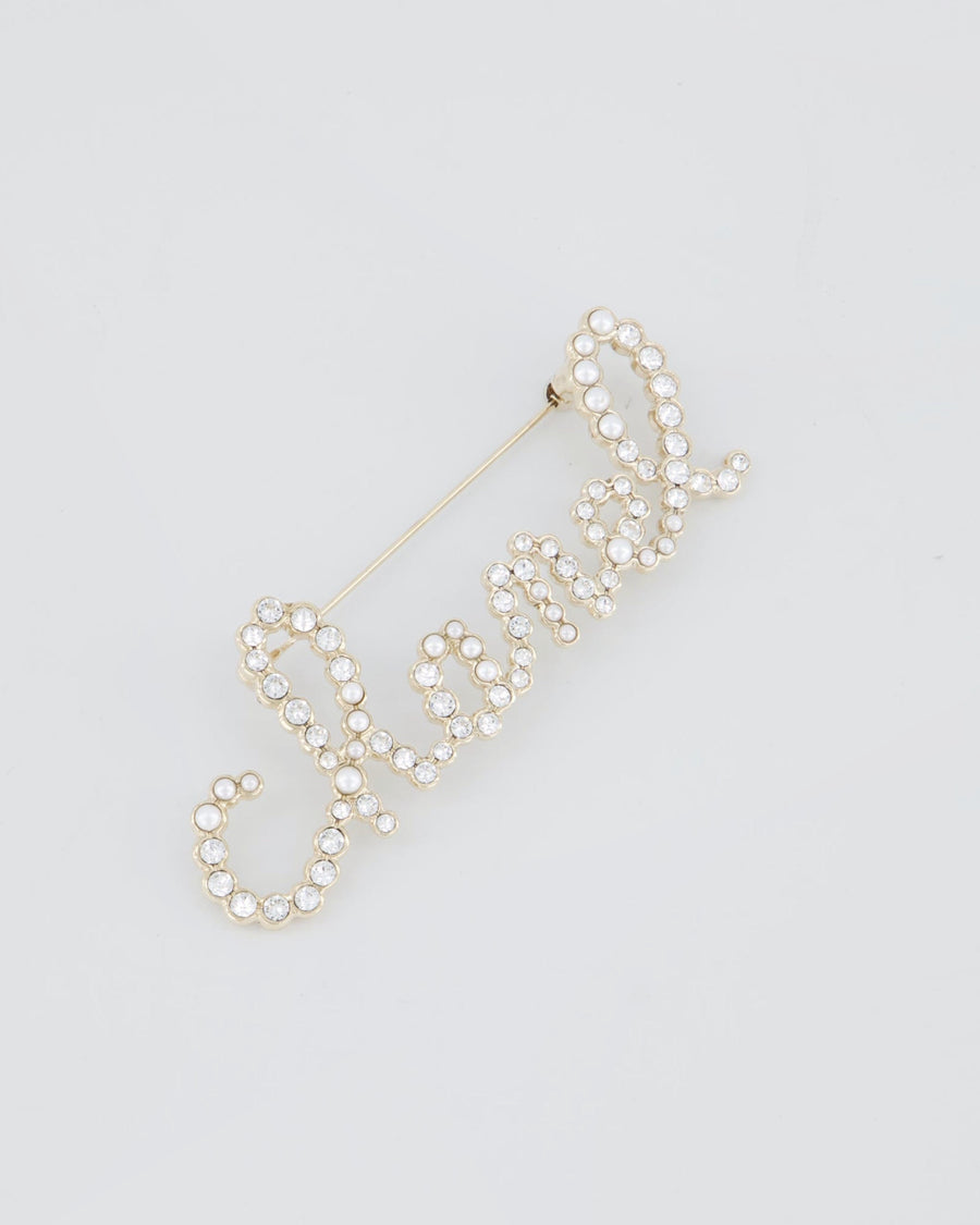 Chanel 19/K Champagne Gold Pearl & Diamante CHANEL Logo Brooch