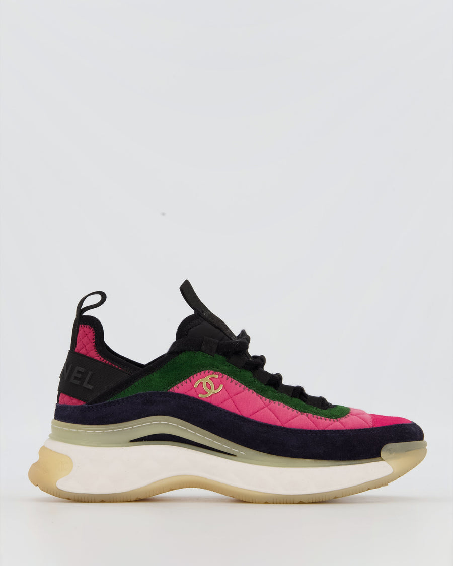 Chanel AW21 Pink, Green, and Navy Blue Suede CC Logo Trainers with Gold Logo Detail Size EU 37