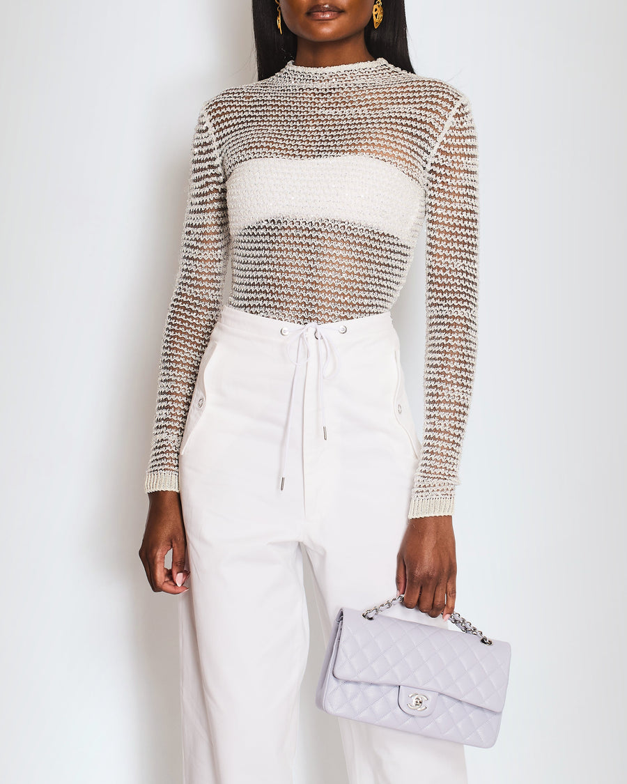 Balmain Silver Cable Knit Embellished Long Sleeve Top Size FR 36 (UK 8)