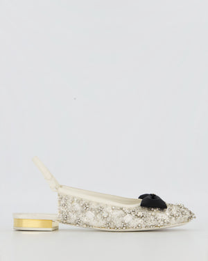 Chanel White Satin Crystal Embellished Slingback Flats with Black Grosgrain CC Bow Detail Size EU39