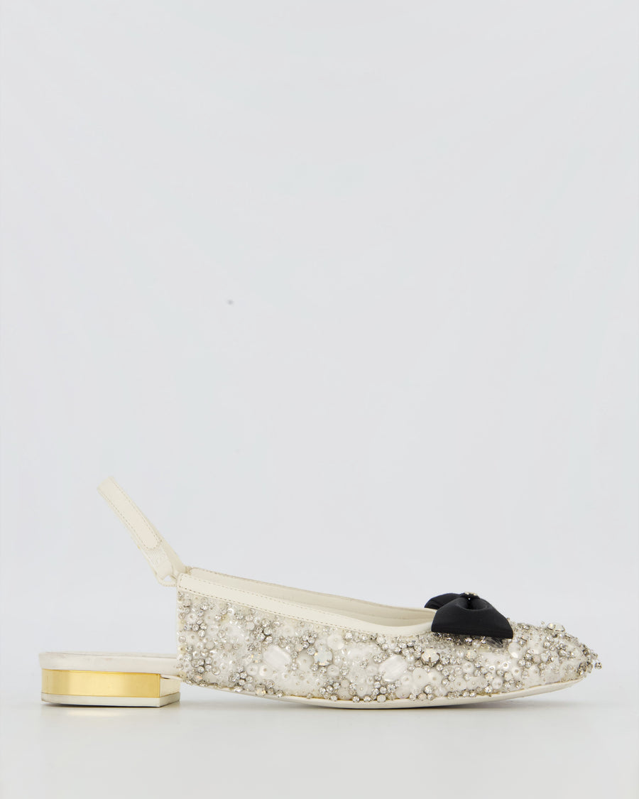 Chanel White Satin Crystal Embellished Slingback Flats with Black Grosgrain CC Bow Detail Size EU39