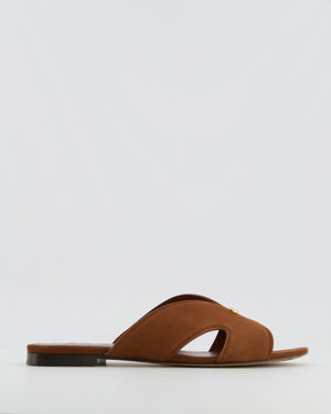 Loro Piana Vera Sandals in Brown Whiskey Suede Goatskin with Gold Logo Detail Size EU 38.5
