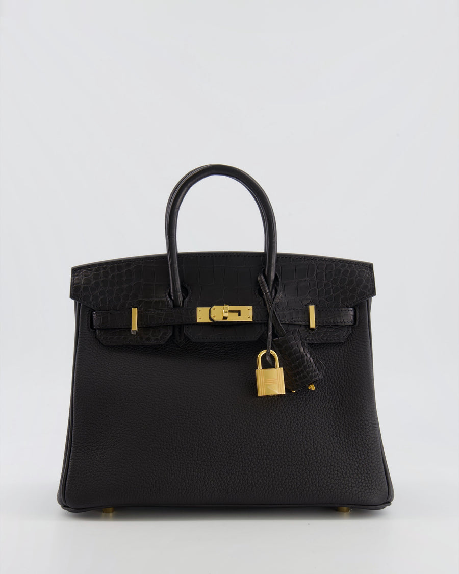 *VERY HOT* Hermès Birkin 25 Touch Bag in Noir Togo Leather and Matte Alligator Mississippiensis with Gold Hardware