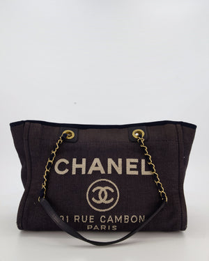 Chanel Navy Small Deauville Tote Bag in Denim Cloth with Gold Hardware