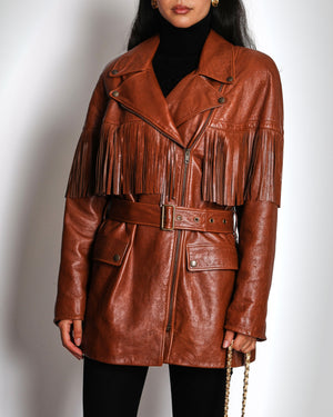 Chloé Belted Leather Jacket in Clay Brown with Fringe Details Size FR 40 (UK 12) RRP £5,700