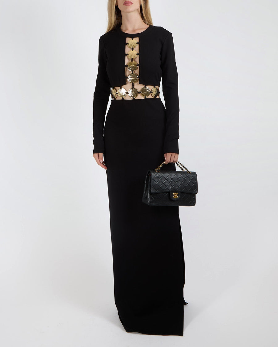 Staud Black Delphine Long-Sleeve Maxi Dress with Cut-Outs and Gold Logo Embossed Coin Details Size US 2 (UK 6)