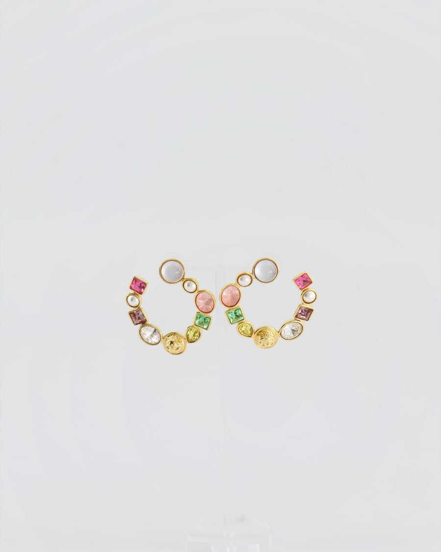 Chanel Cruise 26 Collection Gold Round CC Hoop Earrings with Multi-Colour Crystal Details