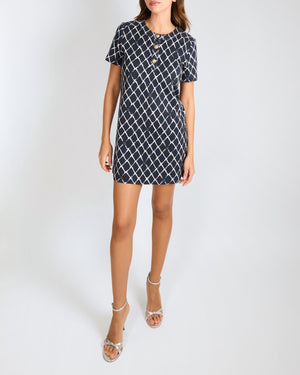 Chanel 2019 Coco Beach Black, Navy and White Quilted Print T-Shirt Mini Dress with Denim Collar Trim and CC Logos with Gold Anchor CC Logo Button Details Size FR 38 (UK 10)