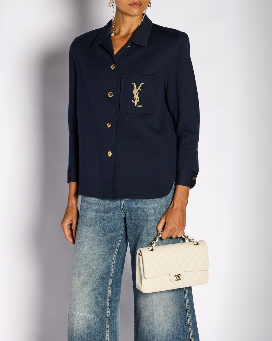 Saint Laurent Navy Button Down YSL Shirt with Gold Button and Shoulder Pad Detail Size FR 38 (UK 10)
