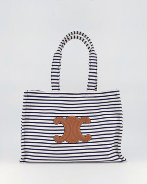 Celine Navy and Cream Striped Tote Bag with Logo Plaque Detail
