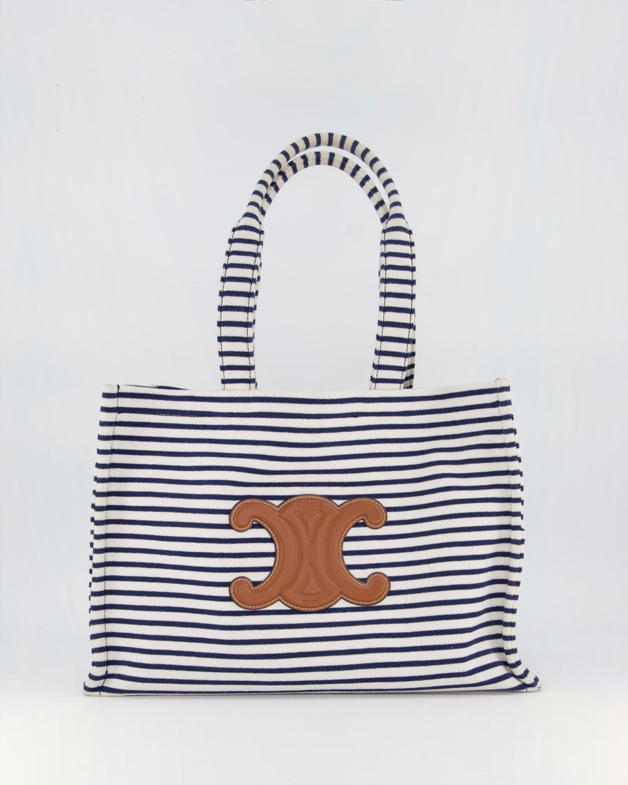 Celine Navy and Cream Striped Tote Bag with Logo Plaque Detail