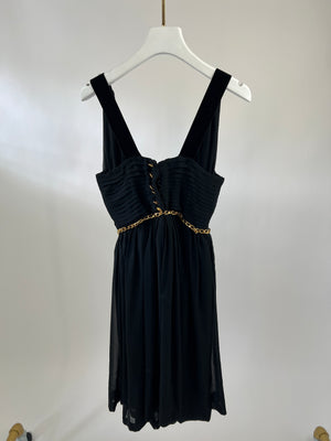 Chanel Black Silk Pleated Mini Dress with Gold Chain Belt and Flower Bow Detail FR 34 (UK 6)