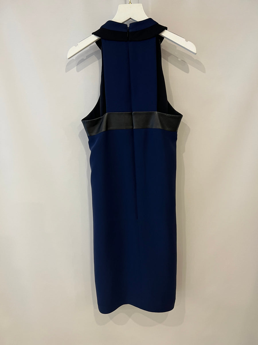 Gucci Navy Silk Sleeveless Dress with Black Leather Details Size IT 38 (UK 6)