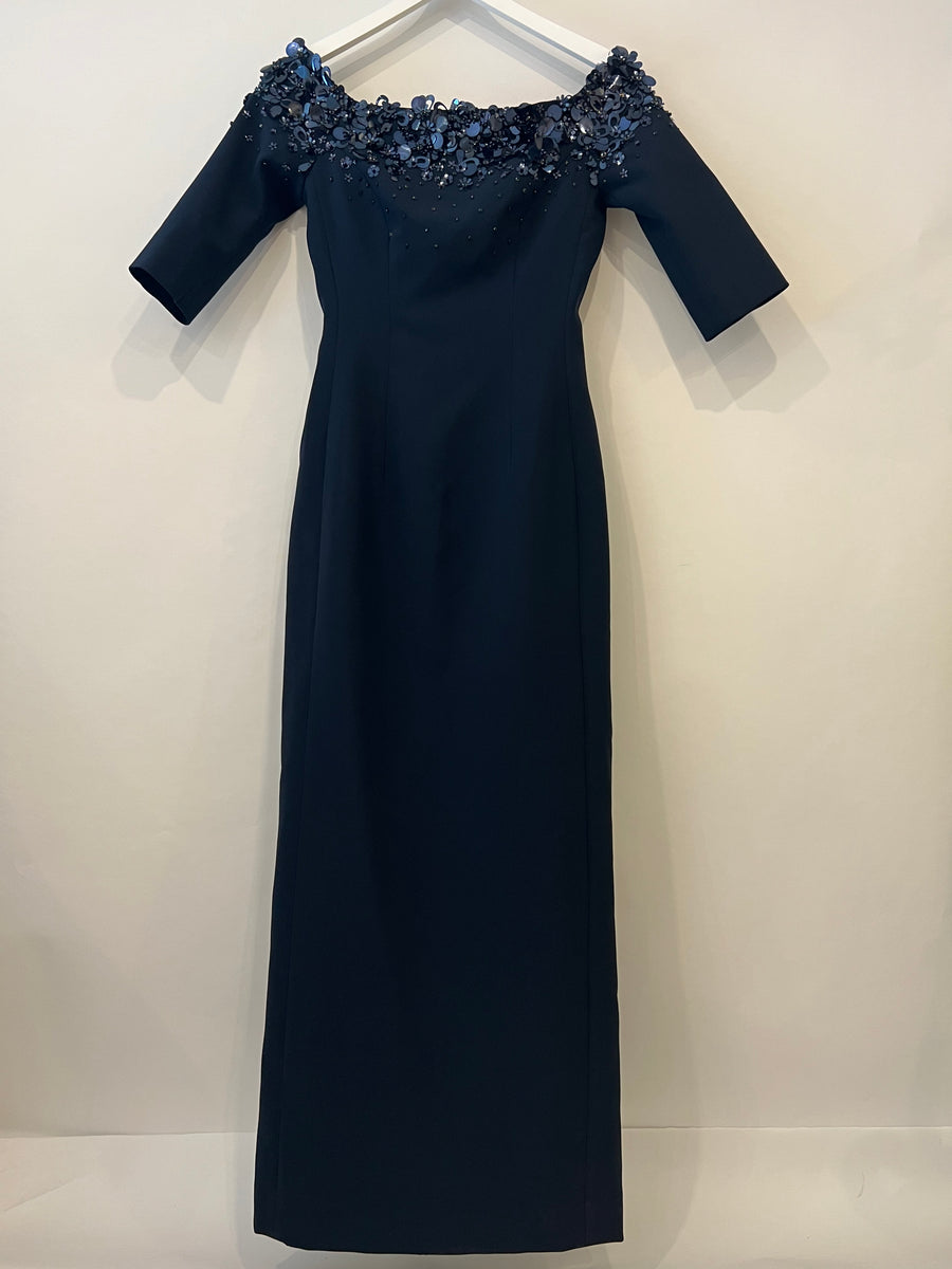 Carolina Herrera Navy Midi Dress with Embellished Flore Sequin Detail Size 0 (UK 4)