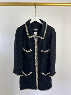 Chanel Navy Tweed Long Line Jacket with Tulle & Chain Detail Size FR 38 (UK 10)