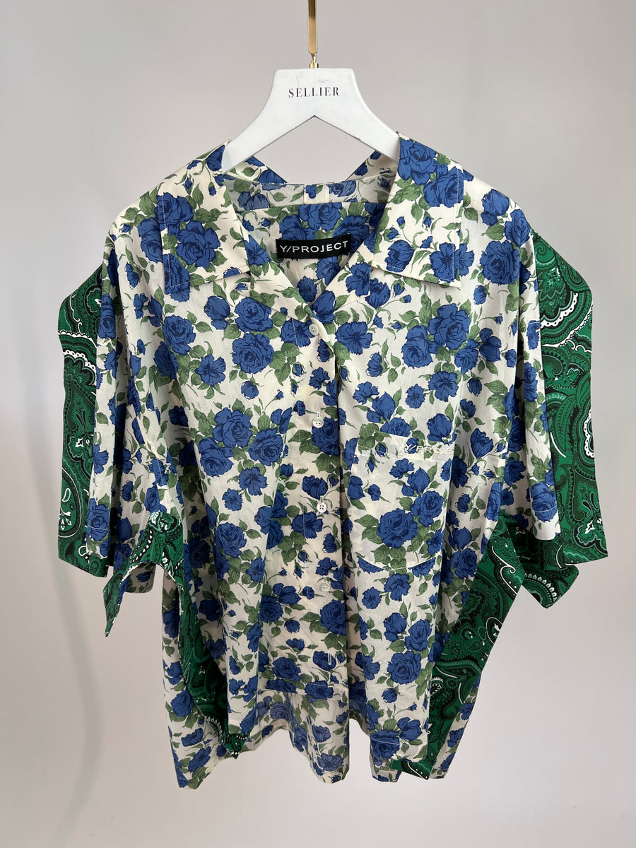 Y/PROJECT Cream, Blue and Green Floral Print Over-Sized Shirt Size S (UK 8-12)