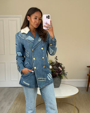 Chanel 19A Denim Patchwork Jacket with Shearling Collar and Gold Button Detail FR 36 (UK 8)