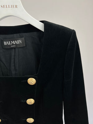 Balmain Black Velvet Tailored Jacket with Gold Button Detail Size FR 38 (UK 12)