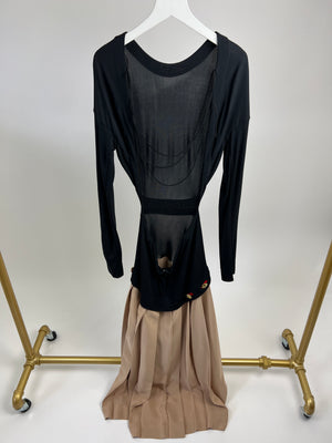 Victoria Beckham Black Sheer with Camel Pleated Midi Dress and Button Detail Size UK 10