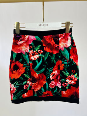 Balmain Black and Red Velvet Floral Print Mini Skirt with Gold Zip Detail Size FR 36 (UK 8)
