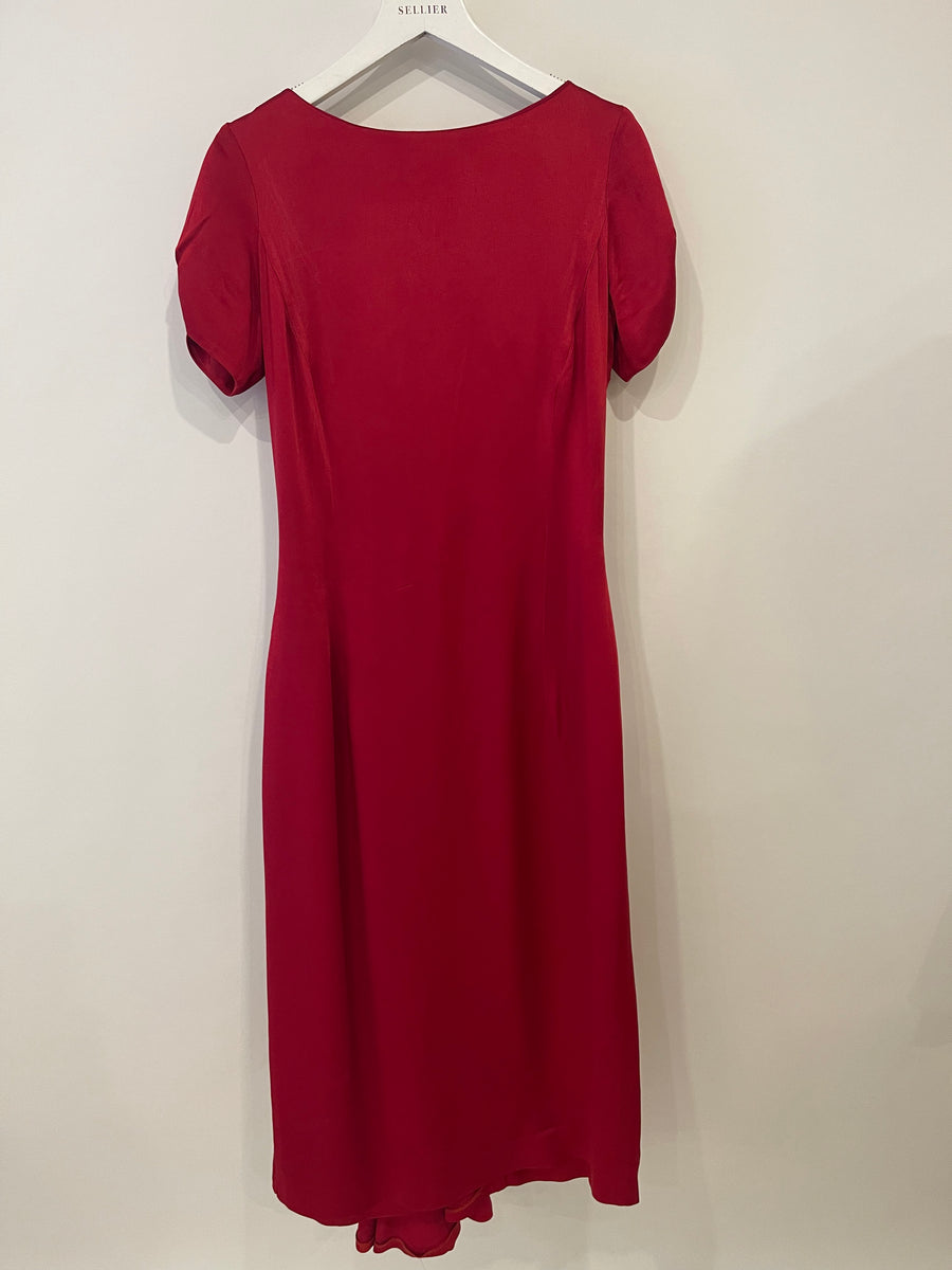 Christian Dior Red Silk Midi Dress with Leather Belt Size FR 38 (UK 10)