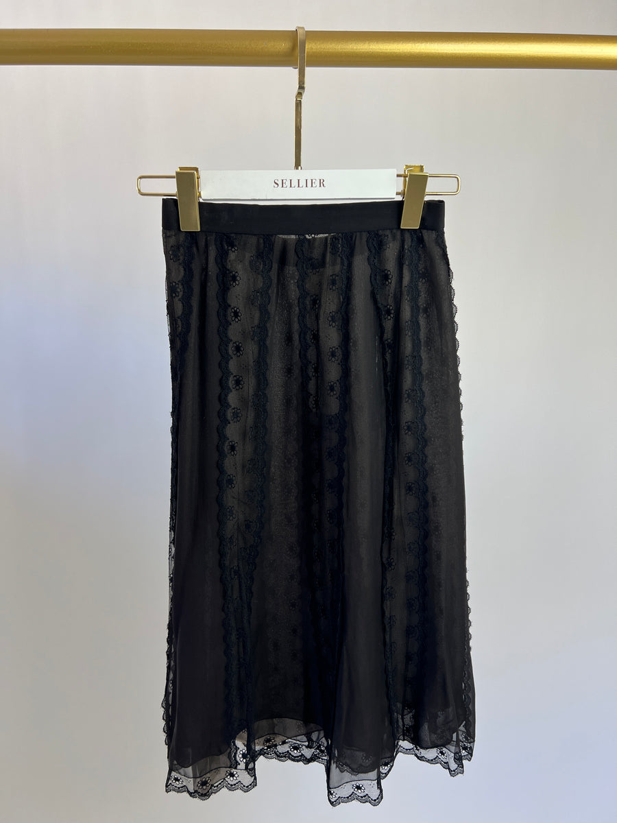 Chanel Vintage 95A Black Silk Sheer Midi skirt with Lace Detail Size FR 38 ( UK 10)