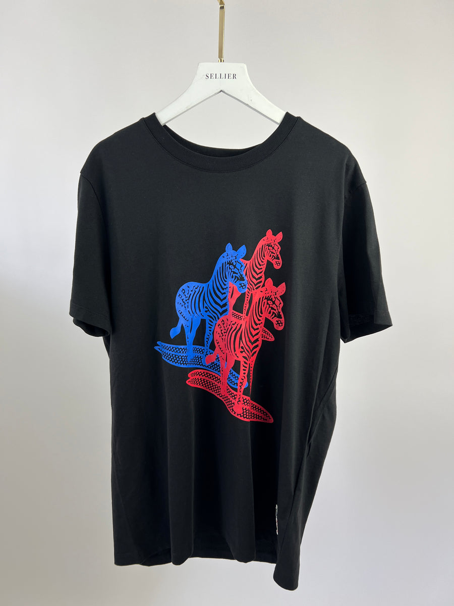 Moncler Black T-shirt with Blue and Red Zebra Print Size M (UK 38)