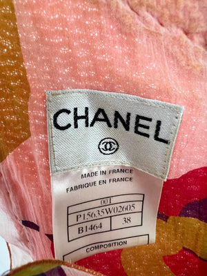 Chanel Peach Three Piece Set with Multicoloured Silk Trim and Shoulder Pad Detailing FR 38 (UK 10)