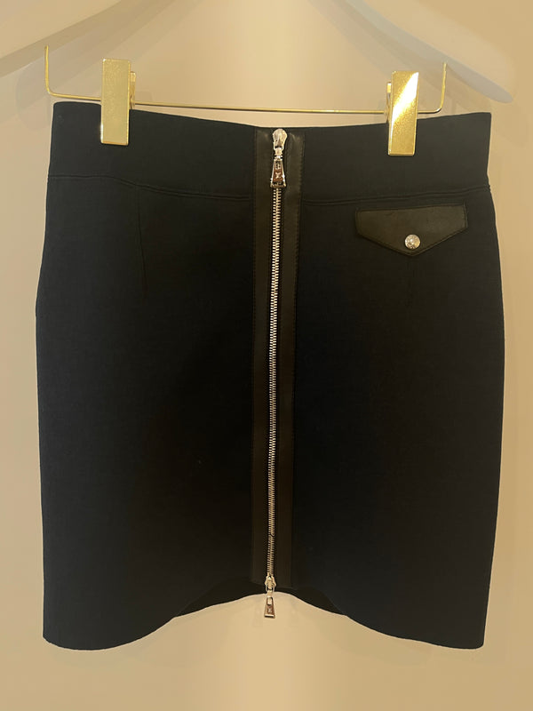 Louis Vuitton Navy Wool and Silk Mini Zipped Skirt with Leather Detail Size XS (UK 6)