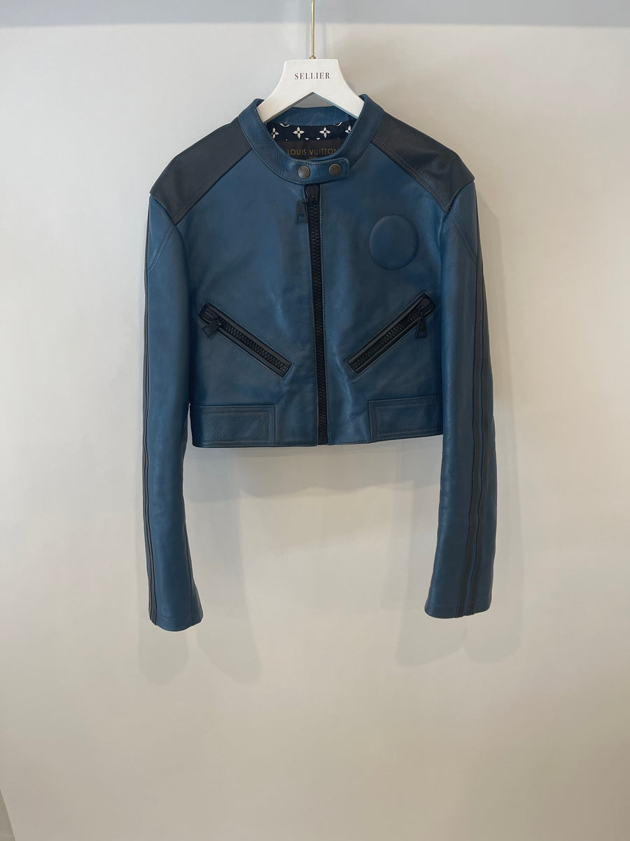 Louis Vuitton Blue Cropped Leather Biker Jacket with Black Leather Details and Monogram Collar Size FR 36 (UK 8)