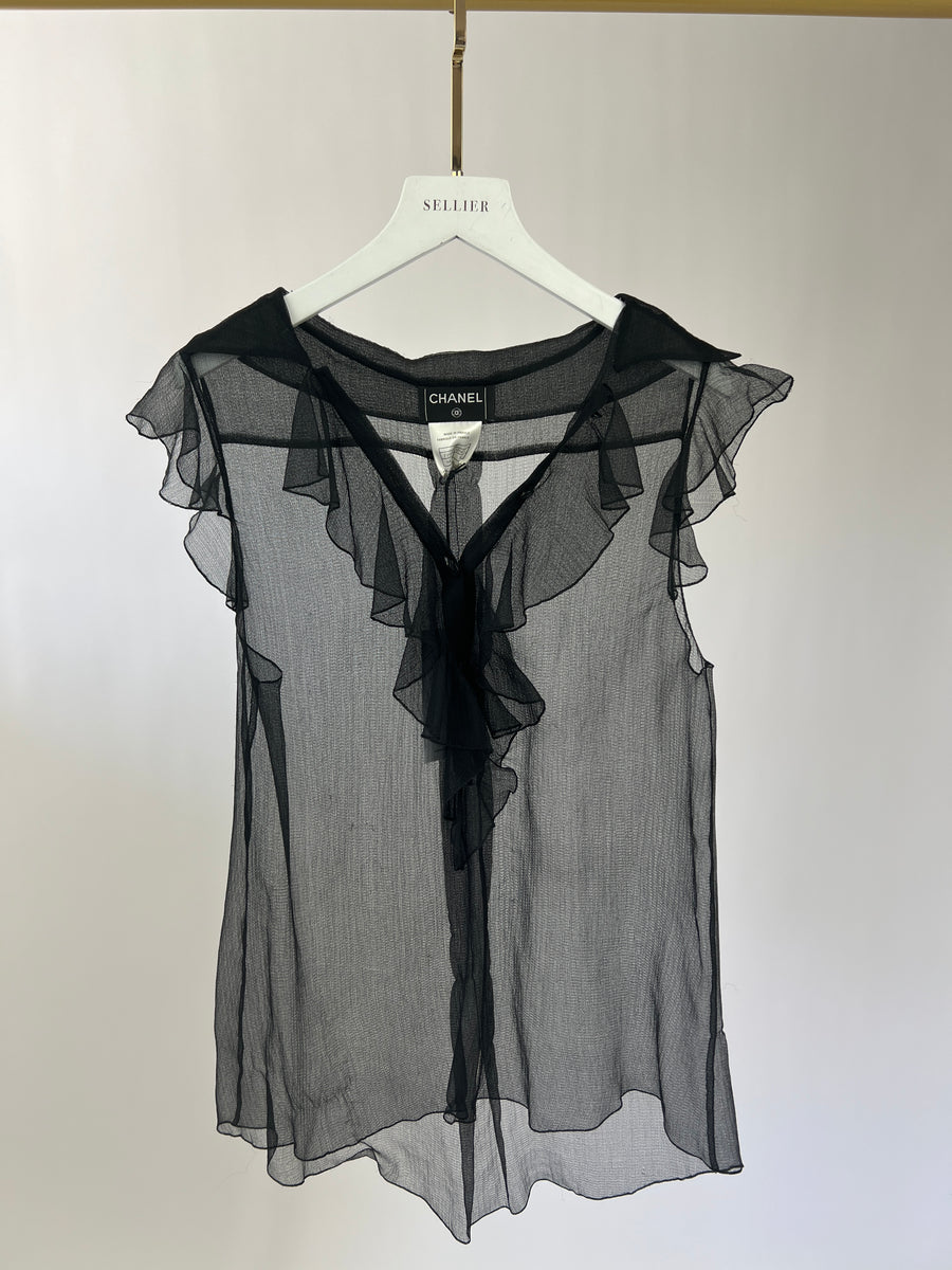 Chanel Black Silk Sheer Blouse with Ruffle Detailing Size FR 38 ( UK 10)