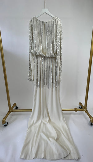 Alberta Ferretti White Long-Sleeve Sequin Gown Long Dress Size IT 38 (UK 6)