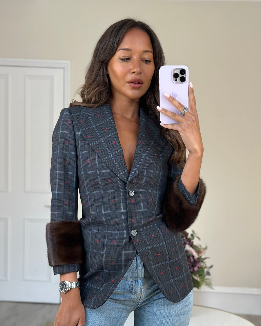 Gucci Grey & Blue Check Blazer with Fur Sleeve and Red Heart Detail Size IT 38 (UK 10)