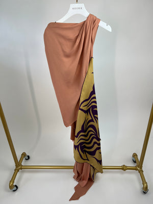 Dries Van Noten Peach One-Shoulder Asymmetric Draped Top with Purple and Gold Print Size UK 8-10