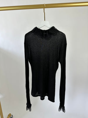 Philosophy Black Ribbed High Neck Top with Lace Detail Size FR 36 (UK 8)