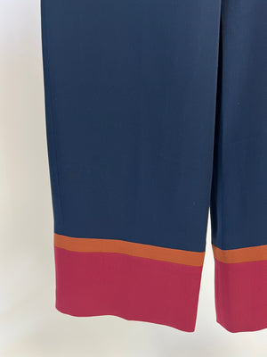 Loro Piana Navy Silk Trousers with Striped Cuffs Size IT 38 (UK 6)