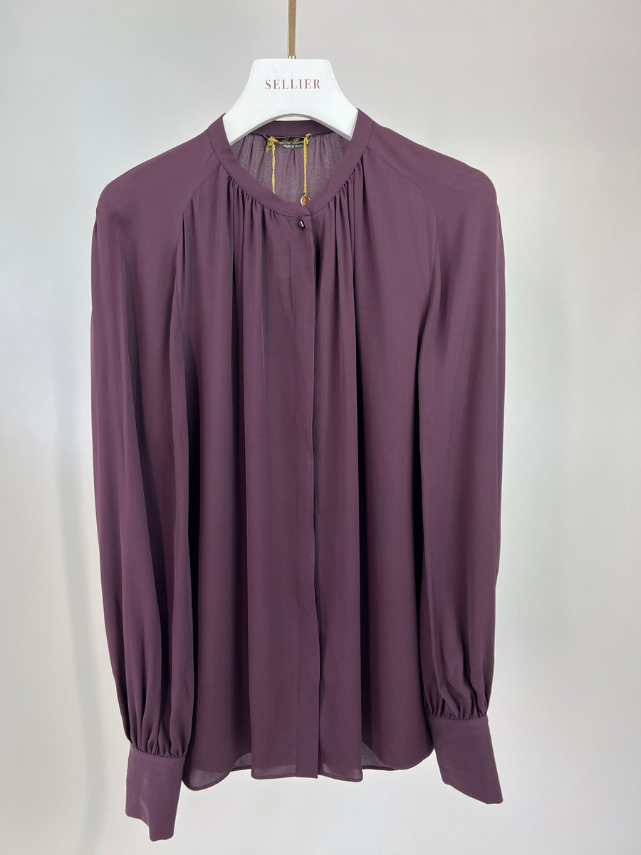 Loro Piana Dark Purple Matt Long-Sleeve Collarless Silk Shirt