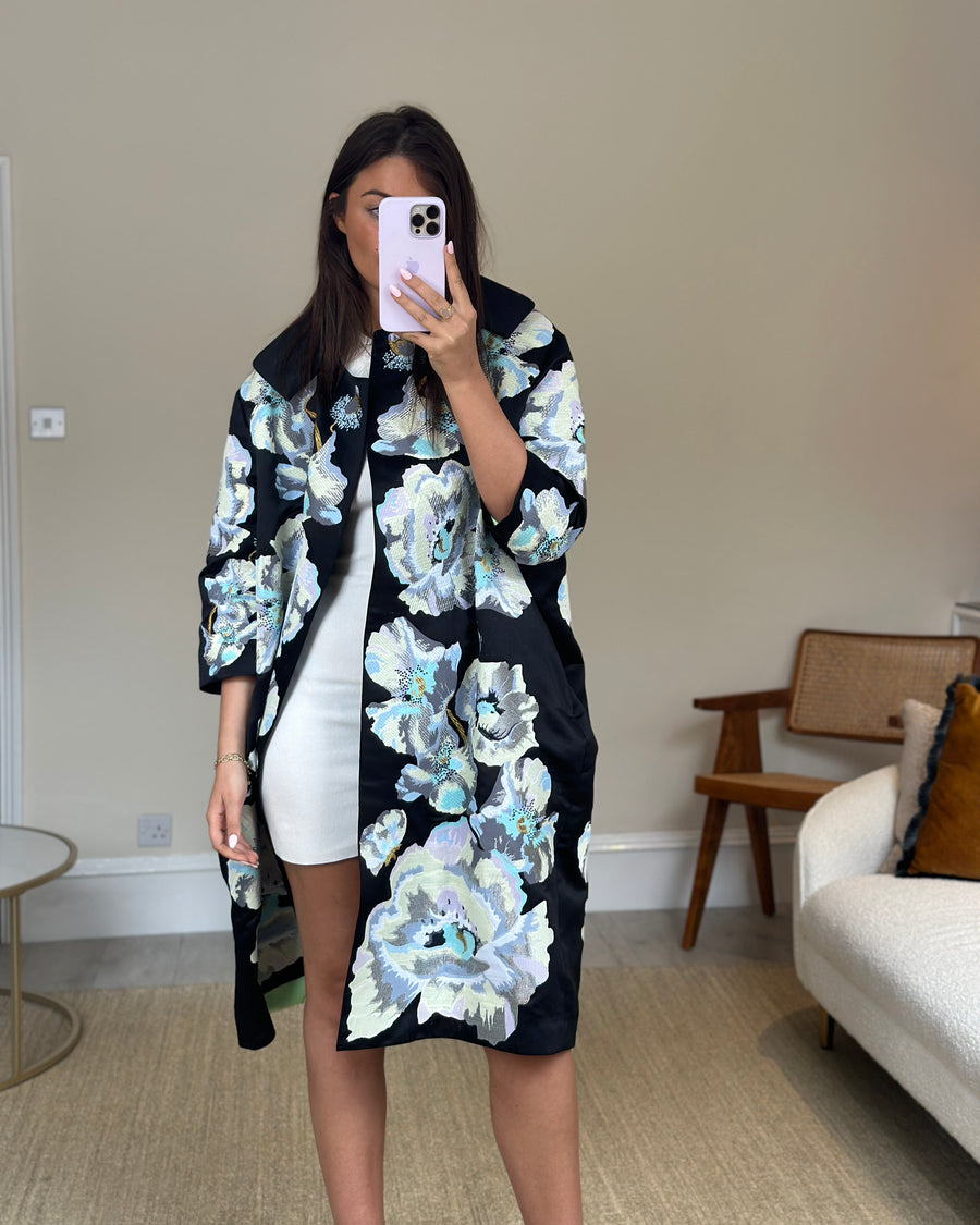 Yuliya Magdych Black Silk Embroidered Oversized Coat Size UK 10