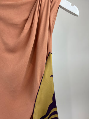 Dries Van Noten Peach One-Shoulder Asymmetric Draped Top with Purple and Gold Print Size UK 8-10