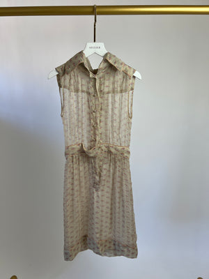 Chanel Beige Printed Sheer Shirt Dress with Pearl CC Buttons Size FR 38 ( UK 10)