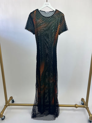 Miaou Black and Orange Short-Sleeve Mesh Over-Lay Maxi Dress Size S (UK 8)