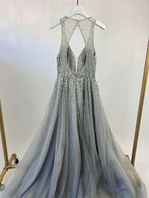 Jovani Dove Grey Embellished V-Neck Tulle Gown Long Dress Size US 6 (UK 10)