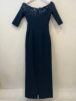 Carolina Herrera Navy Midi Dress with Embellished Flore Sequin Detail Size 0 (UK 4)