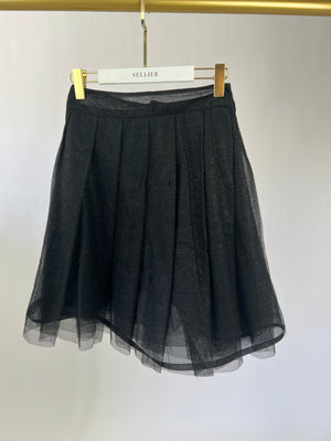 Chanel Black Metallic Thread Pleated Mesh Midi Skirt Size FR 38( UK 10)