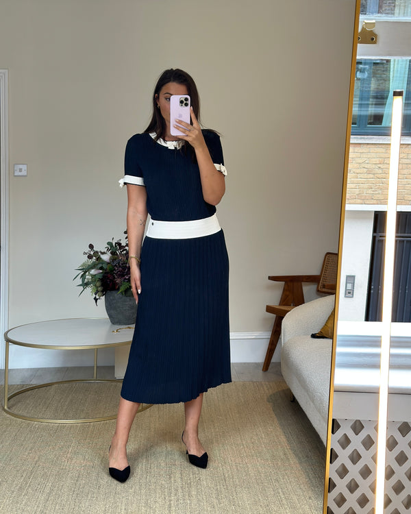 Chanel Navy Blue Ribbed Dress with White Bow detailing FR 42 (UK 14)